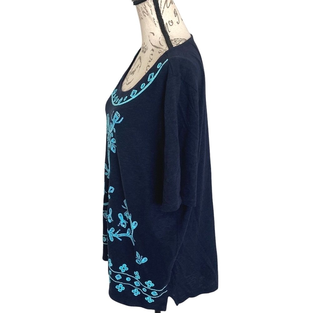 Talbots Beaded embroidered sequin blue tunic boho top 2X Cotton Resort Preppy - Picture 13 of 16